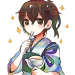  brown_eyes brown_hair food heart heart-shaped_pupils itomugi-kun japanese_clothes kaga_(kantai_collection) kantai_collection muneate short_hair side_ponytail smile solo sparkle spoon spoon_in_mouth symbol-shaped_pupils white_background 