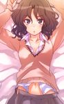  amagami black_eyes black_hair blush looking_at_viewer lying messy_hair midriff navel on_back sakayama_shinta school_uniform short_hair skirt solo sweater tanamachi_kaoru unzipped wavy_hair 