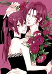  1girl bare_shoulders black_dress brother_and_sister dress flower free! hair_ribbon hug kaoru looking_at_viewer matsuoka_gou matsuoka_rin ponytail red_eyes red_hair ribbon siblings smile 