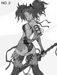  ass ass_cutout bare_shoulders boots breasts butt_crack elbow_gloves fingerless_gloves from_behind gloves greyscale hair_ribbon hand_on_hip kilart looking_back medium_breasts monochrome original ribbon short_hair short_twintails sideboob smile solo sword thigh_boots thighhighs twintails vambraces weapon 