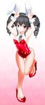  animal_ears black_hair bunny_ears bunnysuit darkness_iii detached_collar double_v drill_hair fishnet_pantyhose fishnets highres long_hair optronics pantyhose pointy_ears red_eyes ribbon twintails v viprpg wrist_cuffs 