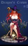  bare_shoulders breasts cleavage dragon's_crown dress hat highres large_breasts lino_chang long_hair looking_at_viewer one_eye_closed red_hair sitting skeleton smile solo sorceress_(dragon's_crown) staff strapless strapless_dress witch_hat 