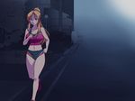  1girl bare_shoulders bible_black blonde_hair blue_eyes breasts building covered_nipples erect_nipples highres large_breasts legs long_hair looking_at_viewer midriff navel nightmare_express open_mouth ponytail road running saeki_kaori shoes sneakers solo street thighs 