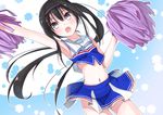  :o akemi_homura armpits bad_id bad_pixiv_id banned_artist black_hair bra cheerleader long_hair mahou_shoujo_madoka_magica midriff mirai_(macharge) navel pom_poms purple_eyes solo underwear 