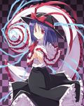  bow checkered checkered_background drill electricity foreshortening frills hands hat hat_bow looking_at_viewer nagae_iku purple_hair red_eyes satou_kibi shawl short_hair skirt smile solo touhou 