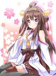  ahoge black_legwear brown_hair detached_sleeves flower flower_(symbol) gradient gradient_background hair_ornament hairband headgear highres japanese_clothes kantai_collection kongou_(kantai_collection) long_hair looking_at_viewer purple_eyes shinekalta smile solo thighhighs 