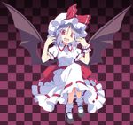 :d bat_wings blue_hair checkered checkered_background hat looking_at_viewer mary_janes mob_cap open_mouth red_eyes remilia_scarlet satou_kibi shoes short_hair skirt skirt_set slit_pupils smile solo touhou wings wrist_cuffs 