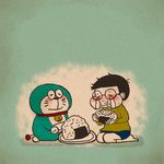  black_hair blue_hair collar crying doraemon doraemon_(character) eating food food_on_face glasses no_shoes nobi_nobita onigiri plate seiza short_hair sitting socks streaming_tears tears yuuumm55 