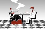  1girl beatrice board_game bow checkered checkered_floor chess chess_piece chessboard choker dress flower formal hair_bun hair_flower hair_ornament kiseru monochrome pipe red_eyes red_hair rose sitting smoke sousui_hani spot_color suit table umineko_no_naku_koro_ni ushiromiya_battler wide_sleeves 