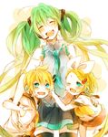  2girls aqua_hair bad_id bad_pixiv_id blonde_hair blue_eyes hatsune_miku headset hiyoyogi kagamine_len kagamine_rin long_hair multiple_girls one_eye_closed ribbon siblings smile twins twintails vocaloid 