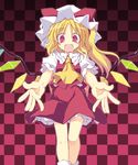  :d blonde_hair checkered checkered_background fangs flandre_scarlet hat incoming_hug long_hair looking_at_viewer mob_cap open_mouth outstretched_arms outstretched_hand red_background red_eyes satou_kibi side_ponytail skirt skirt_set slit_pupils smile solo touhou wings 