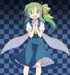  checkered checkered_background daiyousei dress green_eyes green_hair hair_ornament hair_ribbon hairclip hands_clasped long_hair open_mouth own_hands_together ribbon satou_kibi side_ponytail solo sweatdrop touhou wings 