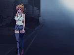  1girl bare_shoulders bible_black black_legwear blonde_hair blue_eyes breasts highres large_breasts legs long_hair looking_at_viewer nightmare_express ponytail road saeki_kaori shoes skirt smile solo street thighs walking 