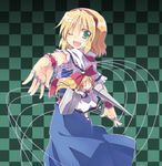  ;) ;d alice_margatroid black_dress blonde_hair blue_dress bow capelet checkered checkered_background dress green_eyes hair_bow hairband lance long_hair looking_at_viewer one_eye_closed open_mouth polearm puppet_rings puppet_strings satou_kibi shanghai_doll shield short_hair smile solo_focus touhou weapon 