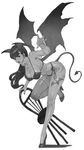  bat bent_over bikini breasts chair cleavage demon_girl demon_tail demon_wings earrings greyscale head_wings high_heels highres jewelry kilart large_breasts long_hair monochrome morrigan_aensland shoes single_thighhigh solo succubus swimsuit tail tattoo thighhighs vampire_(game) wings 