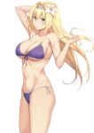  1girl arm_up bangs bare_shoulders bikini blonde_hair blush breasts cleavage closed_mouth collarbone diadem flower front-tie_bikini front-tie_top granblue_fantasy hair_between_eyes hair_flower hair_intakes hair_ornament hair_ribbon hand_in_hair highres jeanne_d&#039;arc_(granblue_fantasy) large_breasts lily_(flower) long_hair looking_at_viewer navel purple_bikini ribbon simple_background smile solo swimsuit terry_(pixiv3274443) white_background white_flower white_ribbon 