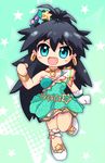  anklet aqua_eyes bad_id bad_pixiv_id black_hair chibi ganaha_hibiki idolmaster idolmaster_(classic) jewelry long_hair ponytail slippers solo star zipang_(zip@ng_works) 