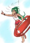  alternate_costume barefoot breasts cleavage dark_skin goggles green_hair highres league_of_legends long_hair medium_breasts nam_(valckiry) ponytail red_cross renekton solo whistle wristband yellow_eyes 