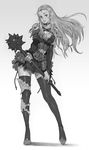  armor armored_dress belt breasts choker cleavage contrapposto earrings greyscale jewelry kilart long_hair mace medium_breasts monochrome original simple_background solo standing thighhighs vambraces weapon zettai_ryouiki 