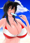  ahri animal_ears armpits bad_id bad_pixiv_id bare_shoulders beach bikini black_hair blue_sky braid breasts cleavage cloud day facial_mark food fox_ears hair_between_eyes highres huge_breasts ice_cream league_of_legends lips lipstick long_hair looking_at_viewer makeup noga outdoors popsicle sexually_suggestive single_braid sky slit_pupils smile solo striped striped_bikini sweat swimsuit tongue upper_body whisker_markings yellow_eyes 