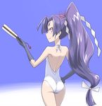  ass closed_fan eyebrows fan folding_fan gloves hair_ribbon hand_on_hip hatsuharu_(kantai_collection) iwatobi_hiro kantai_collection long_hair looking_at_viewer looking_back one-piece_swimsuit ponytail purple_eyes purple_hair ribbon short_eyebrows smile solo swimsuit thick_eyebrows very_long_hair white_swimsuit 