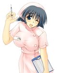  blush breasts clipboard large_breasts nurse nurse_(to_heart_2) one_eye_closed open_mouth simple_background smile solo syringe to_heart_2 white_background zekkyon 