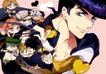  6+boys baby bag black_hair blonde_hair blue_eyes crop_top earrings floating gakuran green_eyes green_hair hairband hat headband heart higashikata_jousuke hirose_kouichi jewelry jojo_no_kimyou_na_bouken joseph_joestar kawajiri_hayato kishibe_rohan kuujou_joutarou mapi midriff multiple_boys multiple_girls nijimura_okuyasu pen pompadour purple_hair school_bag school_uniform shizuka_joestar sitting sugimoto_reimi tripping yamagishi_yukako 