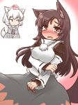  [] animal_ears blush breasts brown_eyes brown_hair chibi cosplay costume_switch detached_sleeves embarrassed fang fur hat imaizumi_kagerou imaizumi_kagerou_(cosplay) inubashiri_momiji inubashiri_momiji_(cosplay) large_breasts long_hair multiple_girls nail_polish open_mouth red_nails tail tears tokin_hat touhou werewolf white_hair wolf_ears wolf_tail 