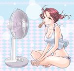  barefoot breasts cleavage electric_fan fan green_eyes indian_style legs medium_breasts mouth_hold nail_polish navel original purple_hair sakuragi_akira short_hair shorts sitting solo toenail_polish twintails 