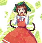  animal_ears brown_eyes brown_hair cat_ears cat_tail chen earrings hat hat_tug jewelry multiple_tails nekomata open_mouth single_earring solo tail takuzui touhou two_tails 