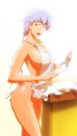  apron bleach bottomless breasts cooking egg eggs gairon highres kotetsu_isane lips naked_apron plate sideboob spatula 