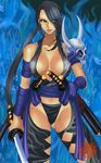  1girl black_hair breasts cleavage hair_over_one_eye large_breasts long_hair ponytail red_eyes shura skull solo soul_calibur soulcalibur_iv standing sword very_long_hair weapon xuexue_yue_hua 