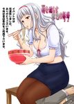  1girl blush bowl breasts chopsticks cleavage eating food formal girl_on_top hairband highres idolmaster idolmaster_(classic) jewelry large_breasts long_hair midriff necklace noodles nozarashi_satoru pantyhose producer_(idolmaster) red_eyes shijou_takane silver_hair sitting sitting_on_face sitting_on_person skirt solo_focus suit 