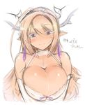  bare_shoulders blush breasts character_request choker cleavage commentary_request earrings elbow_gloves gloves head_tilt horns huge_breasts jewelry long_hair mel/a pink_hair pointy_ears purple_eyes shingeki_no_bahamut solo translation_request upper_body v_arms 