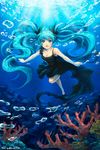  2013 aqua_eyes aqua_hair artist_name barefoot bubble coral darkblue1112 dated dress freediving hatsune_miku highres long_hair shinkai_shoujo_(vocaloid) solo submerged swimming twintails underwater very_long_hair vocaloid wet wet_clothes 