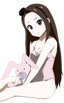  breasts cleavage highres idolmaster idolmaster_(classic) long_hair minase_iori one-piece_swimsuit pink small_breasts smile solo stuffed_animal stuffed_bunny stuffed_toy swimsuit tonotyama 