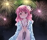  aerial_fireworks alternate_hairstyle bad_id bad_pixiv_id fireworks flower hair_flower hair_ornament hammer_(sunset_beach) hands_clasped japanese_clothes looking_at_viewer night no_hat no_headwear own_hands_together pink_eyes pink_hair saigyouji_yuyuko smile solo touhou 