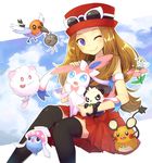  :&gt; bad_id bad_pixiv_id bare_shoulders blue_eyes brown_hair dedenne eyewear_on_head flabebe fletchling flower gen_6_pokemon hat inkay kamogonn long_hair one_eye_closed pancham pokemon pokemon_(creature) pokemon_(game) pokemon_xy scatterbug serena_(pokemon) skirt sunglasses swirlix sylveon thighhighs 