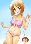  akiyama_yukari bikini breasts brown_eyes brown_hair chaborin girls_und_panzer medium_breasts multiple_girls nishizumi_miho short_hair swimsuit translated 