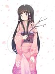  anyannko black_hair blush branch cherry_blossom_print cherry_blossoms floral_print flower hair_flower hair_ornament highres japanese_clothes kimono long_hair looking_at_viewer original petals purple_eyes simple_background smile solo white_background 