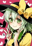  bow double_v dress frills green_eyes green_hair hat hat_bow heart heart-shaped_pupils komeiji_koishi kuronohana pink_background smile solo symbol-shaped_pupils touhou v 