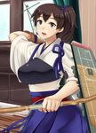 archery bow_(weapon) brown_eyes brown_hair flight_deck gloves hai_ookami highres japanese_clothes kaga_(kantai_collection) kantai_collection kyuudou long_hair mast muneate open_mouth side_ponytail solo sweat weapon 