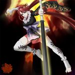  1girl beads claws club green_eyes huge_weapon kamikirimusi looking_at_viewer oni prayer_beads red_hair slit_pupils solo soul_calibur soulcalibur_iv thighhighs weapon white_legwear xuexue_yue_hua 