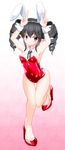  animal_ears bare_legs black_hair bunny_ears bunnysuit darkness_iii detached_collar double_v drill_hair fishnets highres long_hair optronics pointy_ears red_eyes ribbon twintails v viprpg wrist_cuffs 