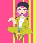  1boy beanie braid chibi danganronpa earrings hat highres holding indian_style jewelry looking_at_viewer male male_focus mechanic moyori pink_background pink_eyes pink_hair sharp_teeth shoes simple_background sitting sleeves_rolled_up sneakers solo souda_kazuichi striped striped_background super_danganronpa_2 sweat tongue tongue_out underwear unzipped yellow_background 