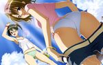  absurdres ass belt bikini black_hair blue_shorts breasts brown_eyes brown_hair cleavage from_below green_bikini hair_ornament highres long_hair momioka_risa multiple_girls official_art one_eye_closed open_mouth outdoors pink_shirt purple_eyes sawada_mio shirt short_hair shorts shorts_pull small_breasts swimsuit to_love-ru twintails water white_bikini_bottom white_shirt 