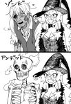  1boy 1girl :d age_progression animal breasts bug cleavage fang fly hat insect long_hair majo_shuukai_de_aimashou open_mouth original otosama simple_background smile undead waistcoat white_background witch witch_hat zombie 