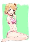  bad_id bad_pixiv_id barefoot between_legs bikini blush bow brown_hair front-tie_bikini front-tie_top hair_bow hand_between_legs koizumi_hanayo looking_at_viewer love_live! love_live!_school_idol_project midriff navel nyoijizai open_mouth orange_hair pink_bikini pink_bow pure_girls_project purple_eyes red_eyes short_hair sitting solo striped striped_bikini swimsuit wariza 