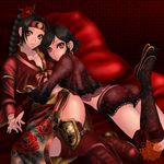  2girls ass bed black_hair braid chai_xianghua dark_persona earrings flower hair_flower hair_ornament headband highres hug jewelry looking_at_viewer lying multiple_girls on_back on_stomach pillow ponytail pout red_eyes seong_mi-na shorts single_braid soul_calibur soulcalibur_iv xuexue_yue_hua 