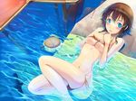  amy_(suisei_no_gargantia) bad_id bad_pixiv_id bare_shoulders bikini bikini_pull blue_eyes braid breasts brown_hair finger_to_mouth looking_at_viewer lying medium_breasts navel on_back partially_submerged short_hair shounen_democratica side-tie_bikini side-tie_bottom smile solo suisei_no_gargantia swimsuit underboob water 